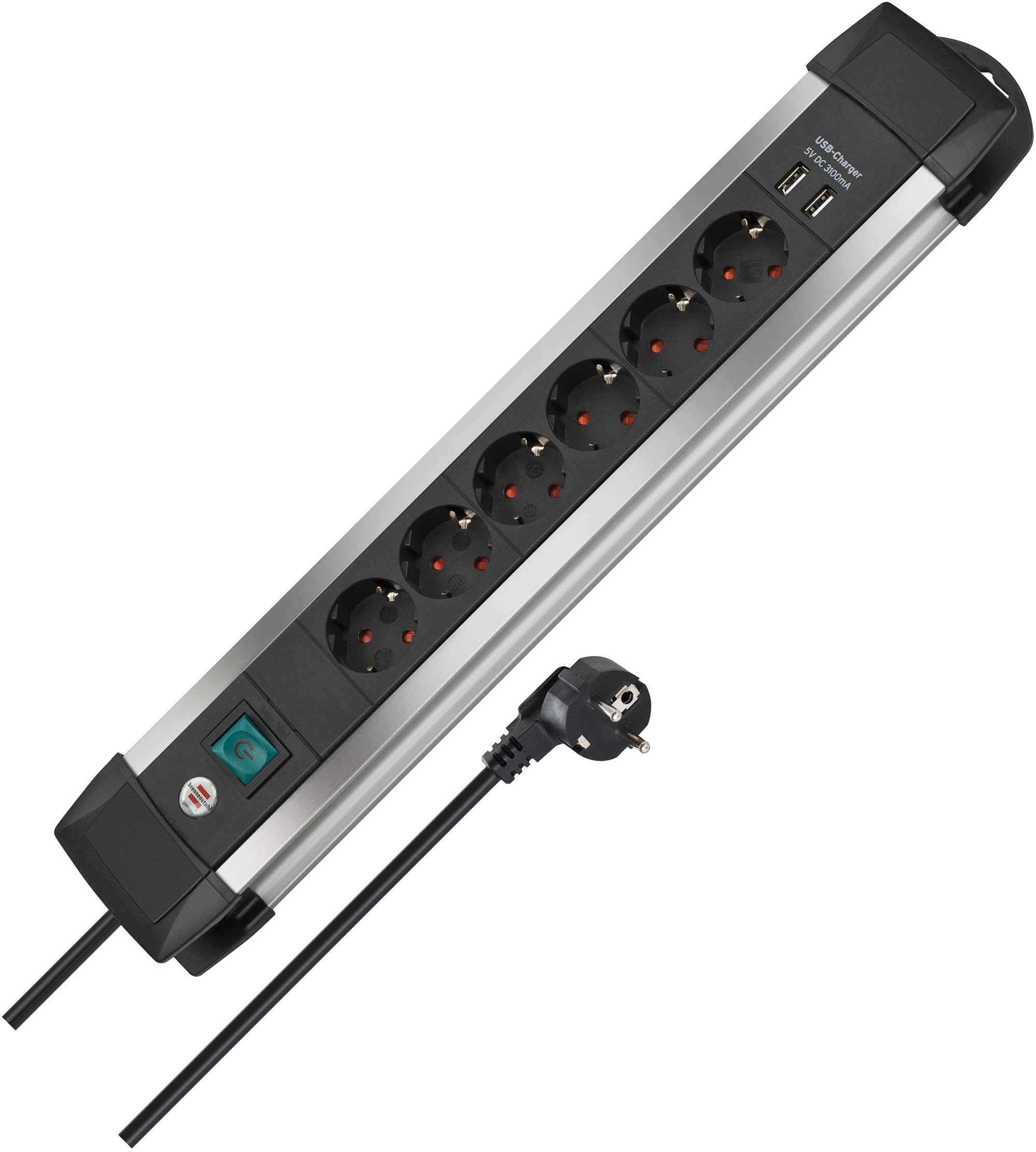 Brennenstuhl Premium-Alu-Line Steckdosenleiste 6-fach (Mehrfachsteckdose mit 3m Kabel und Schalter, mit Aufhänge-Vorrichtung, 2-fach USB 3,1 A, Made in Germany)