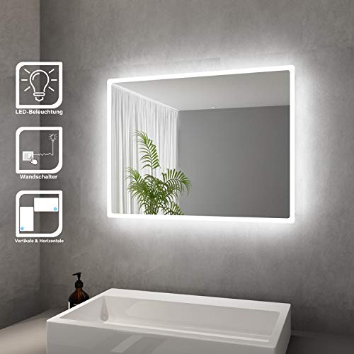 Elegant Badspiegel mit LED-Beleuchtung Energiesparend LED Badezimmerspiegel 80 x 60 cm kaltweiß IP44 Badezimmer Wandspiegel Bad Spiegel