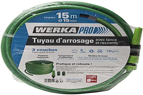 WerkaPro 10721 Bewässerungsschlauch, geführt, bewaffnet und ausgestattet – Durchmesser 15 mm – Anti-Vrille/Anti-UV und Anti-Algen – Grün