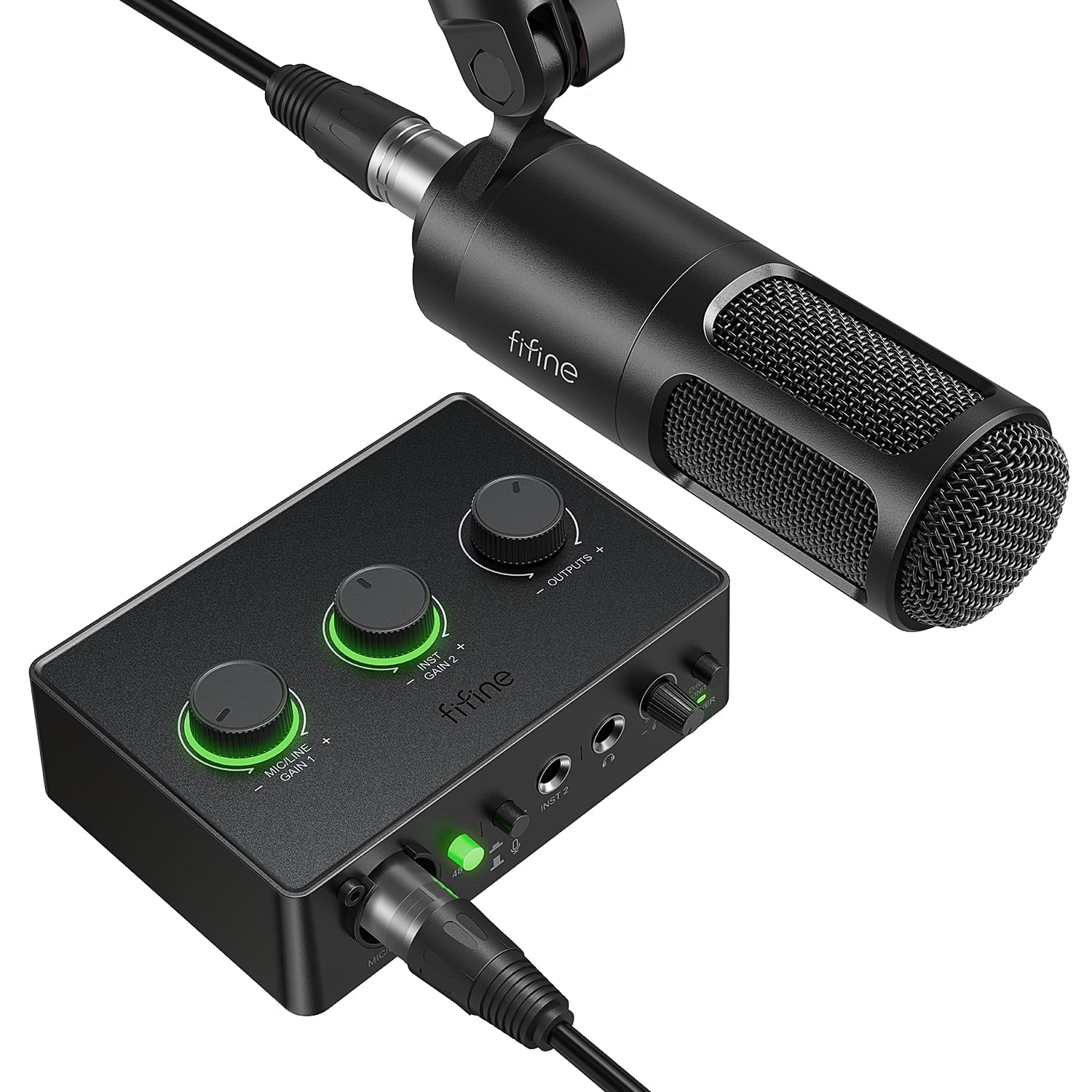 FIFINE Podcast Equipment Bundle Set, Musik Recording Kit mit Studio Dynamisches Mikrofon und USB Audio Mixer mit XLR Mic Eingang, Kopfhörerüberwachung, Lautstärkeregler für Gesang/Voice Over-AmpliTank