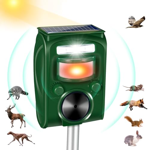 Ultraschall-Tiervertreiber für den Außenbereich, solarbetrieben, Tierabschreckung, wasserdicht, mit LED-Blitzlichtern und Alarm, 5 Modi zur Abwehr von Hund, Katze, Eichhörnchen, Waschbär, Kaninchen,