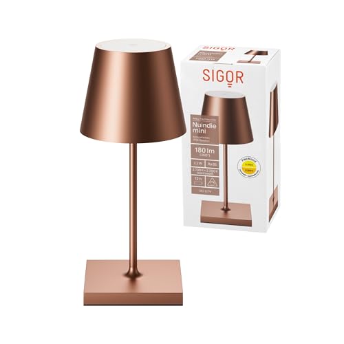 SIGOR Nuindie mini - Dimmbare kleine LED Akku-Tischlampe Indoor & Outdoor, IP54 spritzwassergeschützt, Höhe 25 cm, aufladbar mit USB-C, 12 h Leuchtdauer, bronzefarben