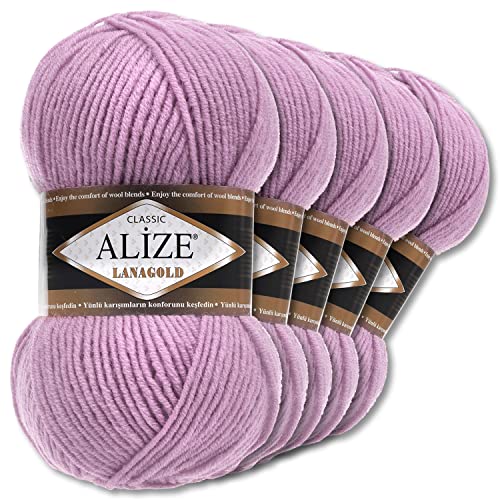 Alize 5 x 100 g Lanagold Wolle | 53 Auswahl | Stricken Häkeln Wolle (505 | Helllila)