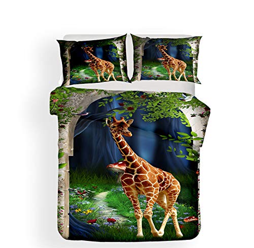 Bettwäsche-Set Kinder Einzelbettbezug 135x200 und Kissenbezug 50x75 3D Tiere Wolf Giraffe Cat Fox Multicolor Digitaldruck Schwarz Grau Grün Bettbezug mit Reißverschluss (Waldgiraffe)