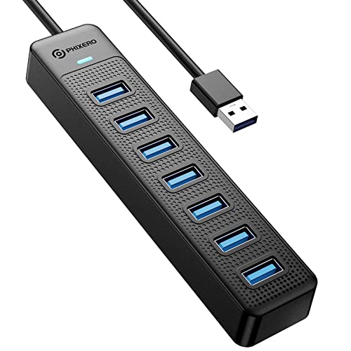 USB-Hub, PHIXERO 7 Port USB 3.0 Hub Multi USB Port Expander, schnelle Datenübertragung USB Splitter für Laptop, kompatibel mit allen USB-Port-Geräten