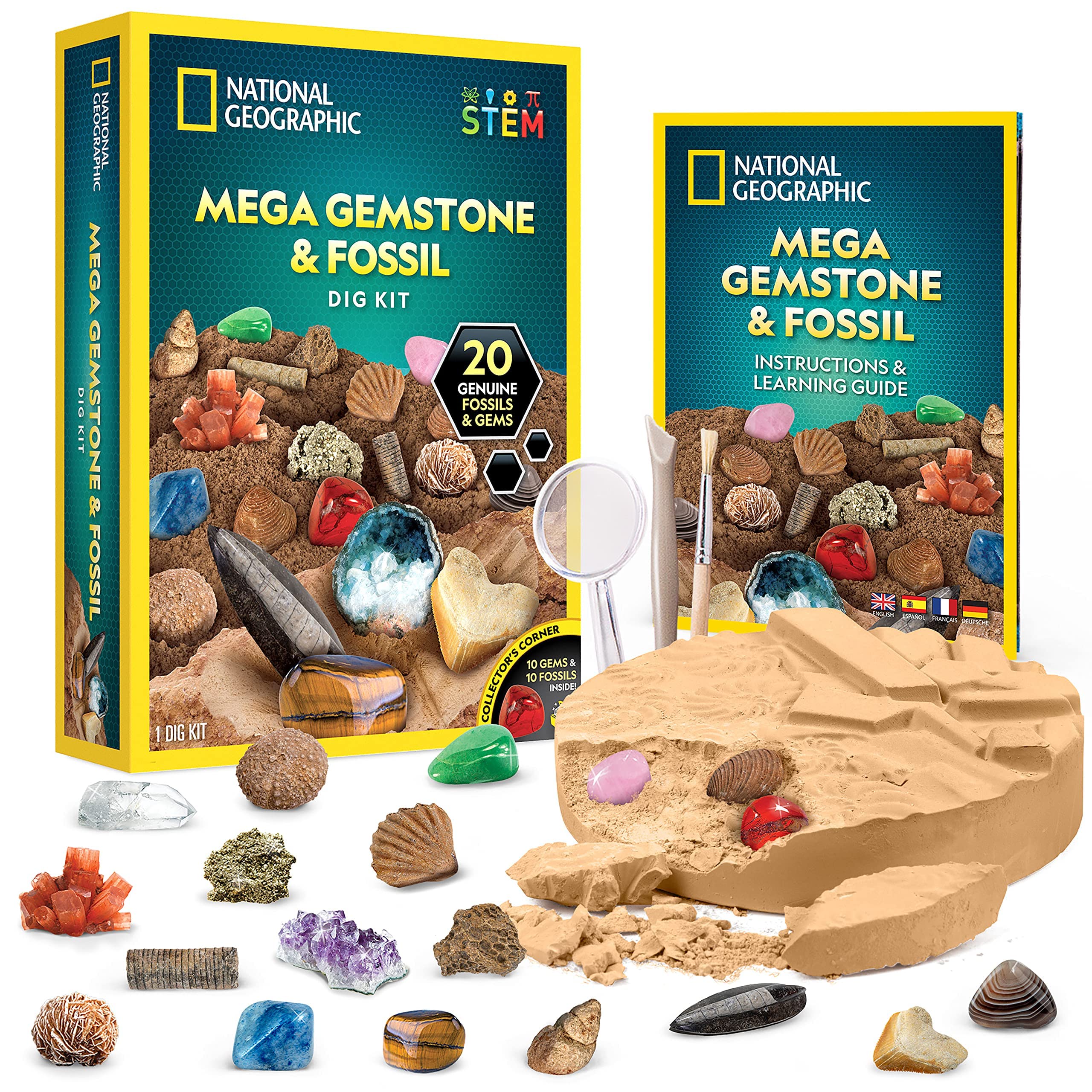 NATIONAL GEOGRAPHIC Ausgrabungs-Set für Riesen-Fossilien und Edelsteine – Grabe 10 echte Fossilien und 10 echte Edelsteine aus, tolles wissenschaftliches Mint-Geschenk für Geologie-Enthusiasten