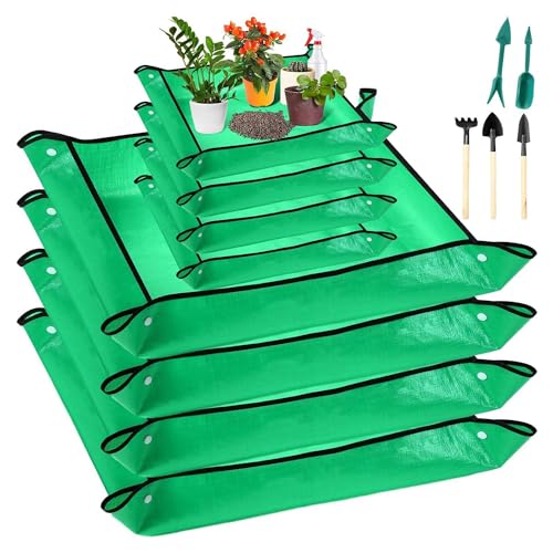 ZUHEGELA 8 PCS Pflanzenumtopfmatte mit 5er Pack Werkzeug Grün für Zimmerpflanzen Wasserdichte Pflanzen-Umtopfmatte Faltbare Umtopfmatte Tray