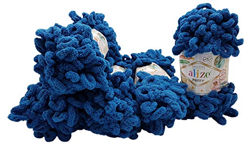 5 x 100 Gramm Strickwolle Alize Puffy, 500 Gramm Fingerstrick - Wolle super bulky, Schlaufenwolle, Stricken ohne Nadel (blau 646)