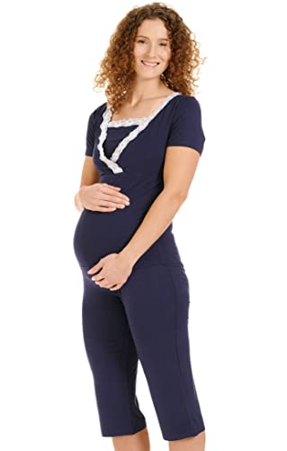 Herzmutter Kurzer Stillpyjama-Umstandspyjama - Nachtwäsche-Pyjama-Set für Schwangerschaft-Stillzeit-Stillfunktion - Schlafanzug mit Spitze-Streifen-Muster - Softes Material - 2500 (M, Blau)