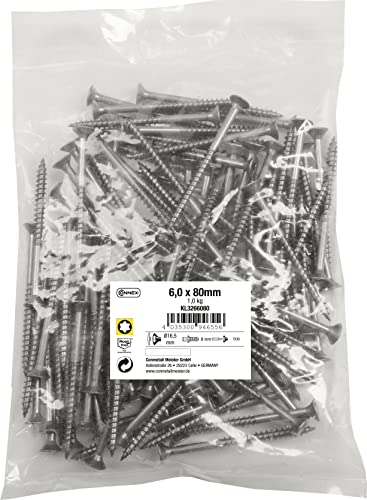 Connex Universalschrauben 6.0 x 80 mm - 1 kg Großpack - Senkkopf - PZ Pozidriv-Antrieb - Teilgewinde - Edelstahl rostfrei, Schrauben-Set, Schrauben im Beutel, KL3266080