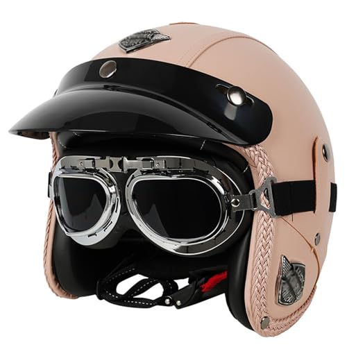 Leder-Jethelm Vintage-Motorradhelm Open Face Leder-Helm Winddichter Motorrad Roller Helm, Mit Brille, ECE Genehmigt Jethelm Für Damen Und Herren 4,L