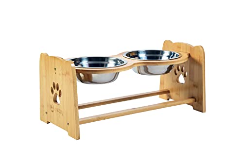 Premium höhenverstellbarer Hundenapf oder Katzennapf, Idealer Futternapf für Hund und Katze, Näpfe mit Futterstation aus Bambus + Napfunterlage wählbar (1200ml Näpfe, Futterbar Edelstahl)