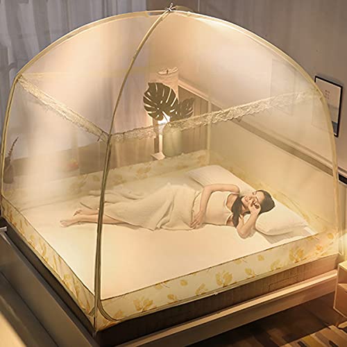 LTLJX Tragbares Moskitonetz für Bett und Reisen, mit Unterseite für Erwachsenenbett, Baldachin, Insektenschutz, Schlafzimmer-Mückennetz,Beige,2 * 2.2M