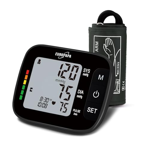 EUROPAPA Blutdruckmessgerät Oberarm für den Heimgebrauch, Pulsmessung Blutdruckmessung mit Große Manschette (22-42cm), 2 * 60 Speicher, Dual-User (Schwarz)