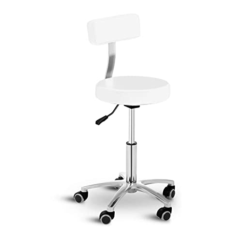 Physa Rollhocker mit Lehne Arbeitshocker Salonhocker Terni White (weiß, polierter Stahl, PVC-Bezug, 360° drehbare Rollen, Variable Sitzhöhe)