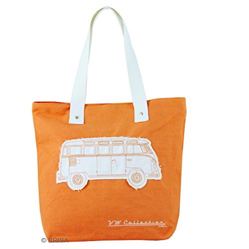BRISA VW Collection Lässige Canvas Tasche Einkaufstasche Strandtasche mit VW Bus T1 Motiv (Orange)