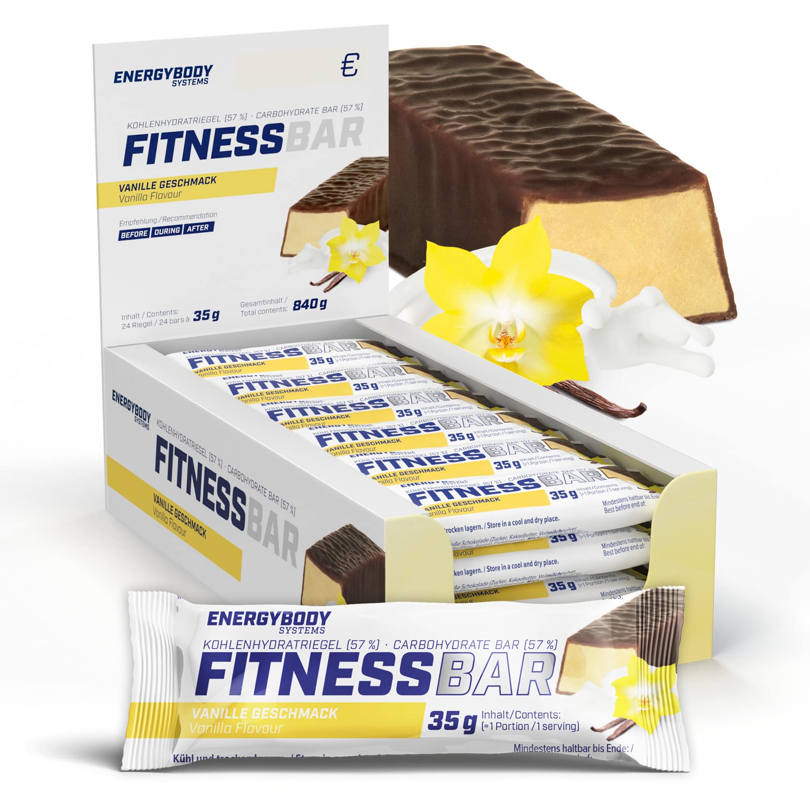 Energybody Fitness Bar „Vanille“ 24x 35 g/Energie-Riegel mit Proteinen & Kohlenhydraten/energiespendender Fitness-Riegel als Sport Riegel/Power Riegel für zwischendurch