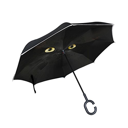 ISAOA umgekehrter Regenschirm mit Reflektorstreifen au?en und Motiv innen, Winddicht, selbststehend, mit C-f?rmigem Griff, schwarz, perfekt f¨¹r Reisen und Auto