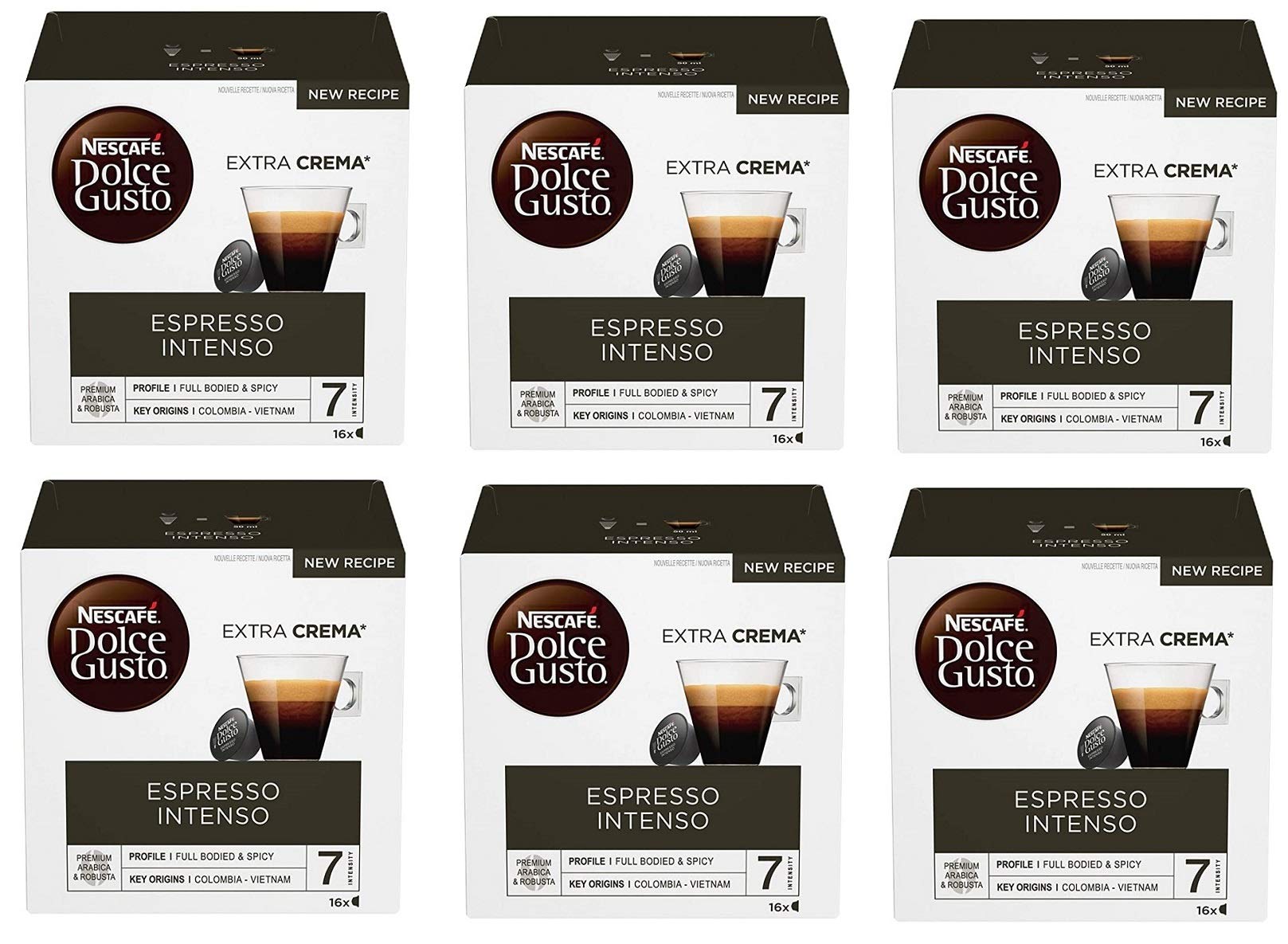 6x Nestlé Nescafé Dolce Gusto Capsule Espresso Intenso Extra Crema Gerösteter und gemahlener Kaffee 16 Kapseln Intensität 7