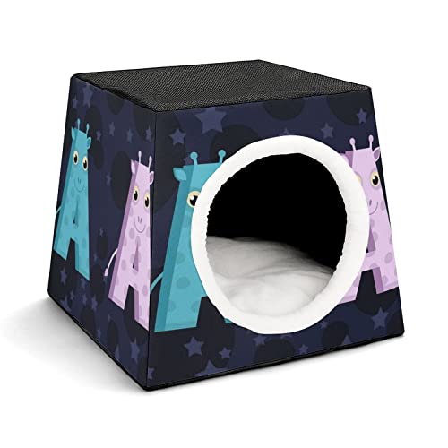 Mode Katzenhöhle für Katzen Hunde Kleintiere Faltbares Katzenhaus Katzenbett Katzensofa mit Flauschiges Kissen Cartoon Eine Giraffe