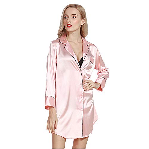 BaronHong Frauen Schlaf Shirt Satin Seide Pyjama Plus Size Langarm Nachthemd (pink, L)