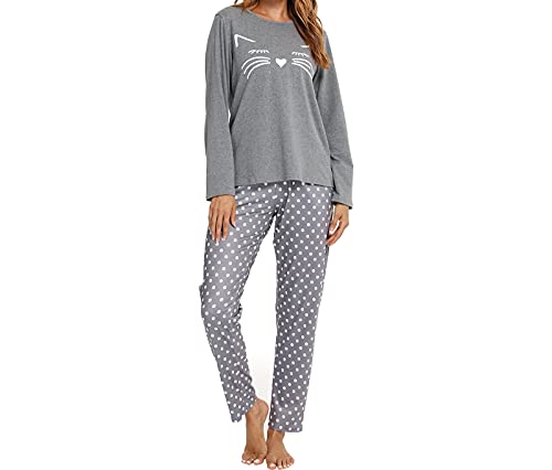 Les-Theresa Damen-Pyjama-Set, Baumwolle, zweiteilig, langärmlig, lange Hose, bequem, weiche Baumwolle, Freizeit-/Loungewear-Set, Grau bedruckte Katze, 42