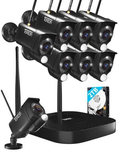 Tonton Full HD Outdoor Funk Überwachungskamera Set mit 8 WLAN Wireless Überwachungskamera 20m Nachtsicht Bewegungserkennung mit Fernzugriff App H.265 Hausalarmanlagen mit Bewegungserkennung 2TB HDD