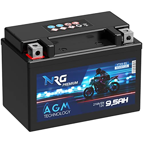 NRG Premium YTX9-BS AGM Motorradbatterie 12V 9,5Ah 210A/EN entspricht Batterie 50812 CTX9-BS ETX9-BS GTX9-BS auslaufsicher wartungsfrei ersetzt 9Ah 8Ah