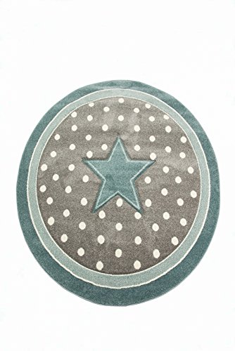 Kinderteppich Kinderzimmerteppich Babyteppich rund Stern in Türkis Grau Weiss Größe 160 cm Rund