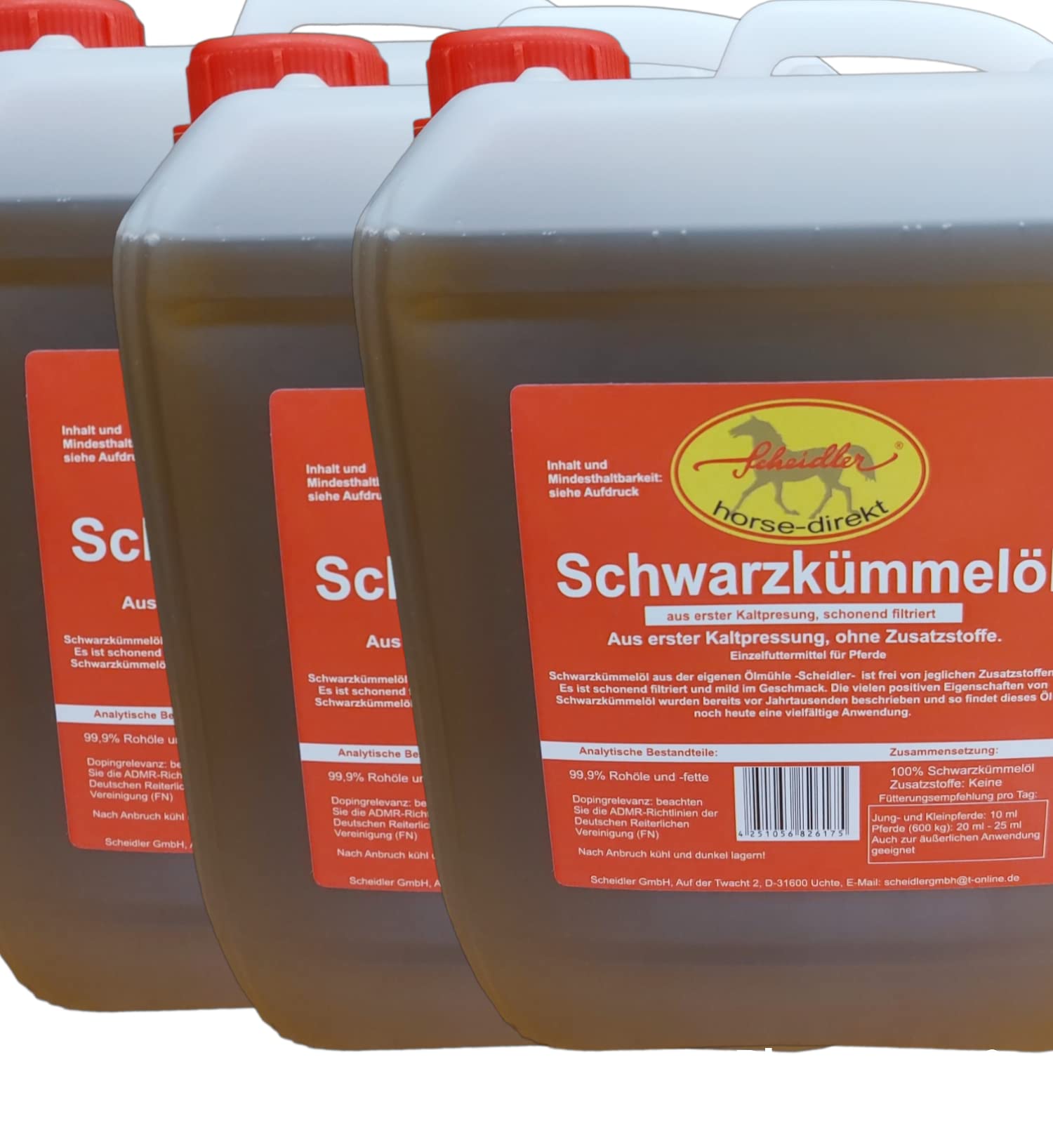 Horse-Direkt 3 x 2,5 L Premium Schwarzkümmelöl für Pferde und Hunde Kaltgepresst Kanister – Frisch Aus Eigener Pressung