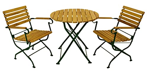 DEGAMO Garten Sitzgruppe Klappgarnitur Passau 3-teilig (2X Armlehnensessel, 1x Tisch rund 77cm), Gestell Flachstahl dunkelgrün, Belattung Robinien Holz, Outdoor