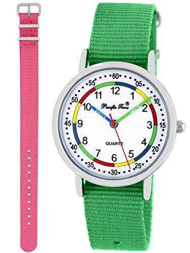 Pacific Time Lernuhr Mädchen Jungen Kinder Armbanduhr 2 Armband grün + rosa analog Quarz 11062
