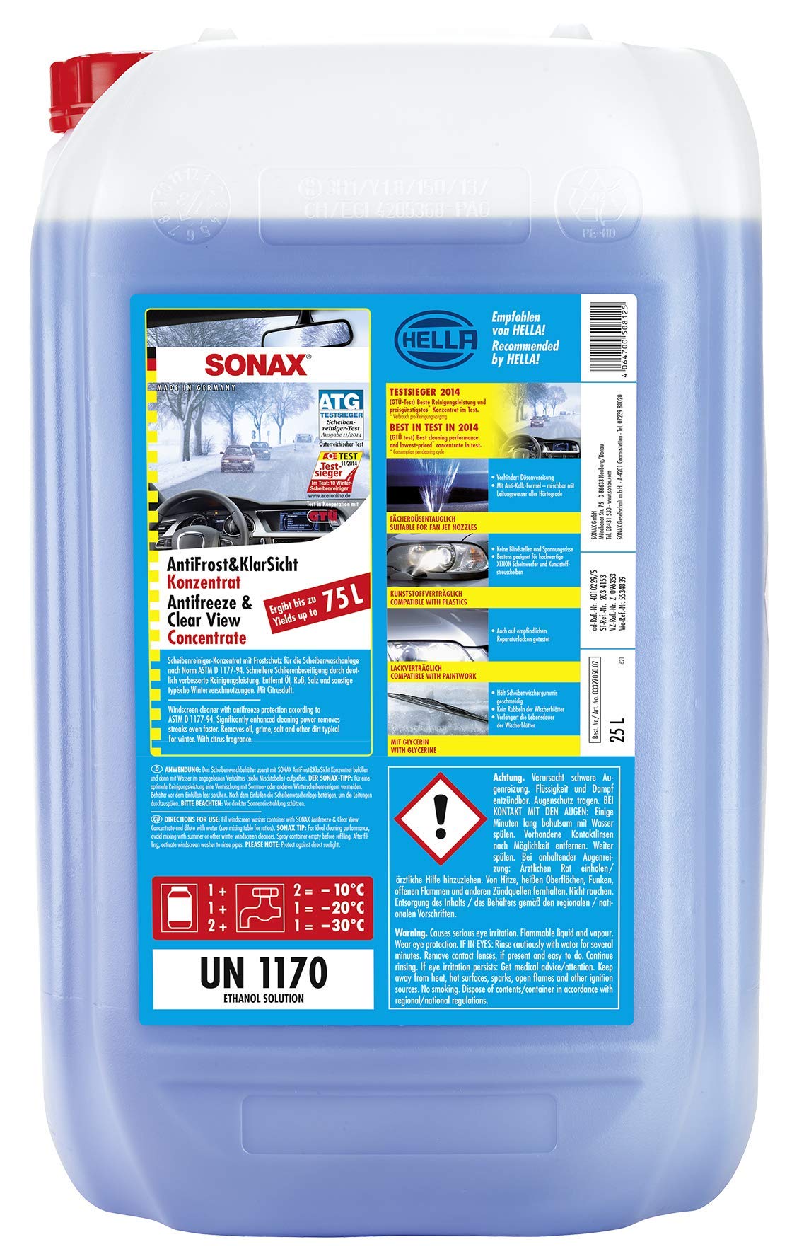 SONAX AntiFrost&KlarSicht Konzentrat (25 Liter) ergibt bis zu 75 Liter Winter-Scheibenwaschwasser, sofort mischbereit, schlierenfrei, Antikalk-Effekt | Art-Nr. 03327050