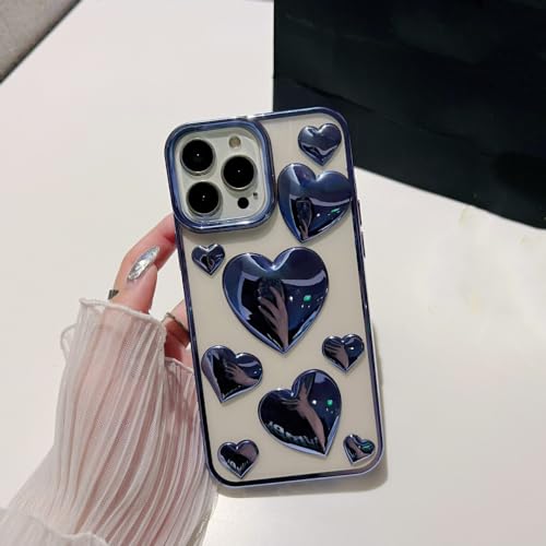 ZILLPENTA Luxuriöse 3D-Liebesherz-Handyhülle mit Überzug für iPhone 14 Pro Max 13 12 11 Max, glitzernd, weich, durchsichtig, Rückseite, Hellblau, für iPhone 12