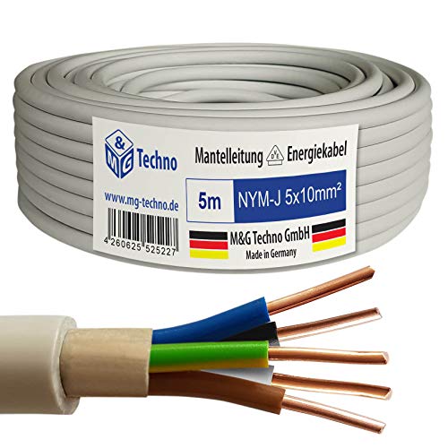 M&G Techno 5m NYM-J 5x10 mm² Mantelleitung Feuchtraumkabel Elektrokabel Kupfer Made in Germany, Grau