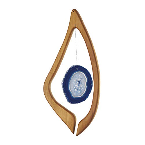 Fensterdeko aus Holz Harfe mit blauem Achat Stein hängend, Heilstein, Fensterschmuck