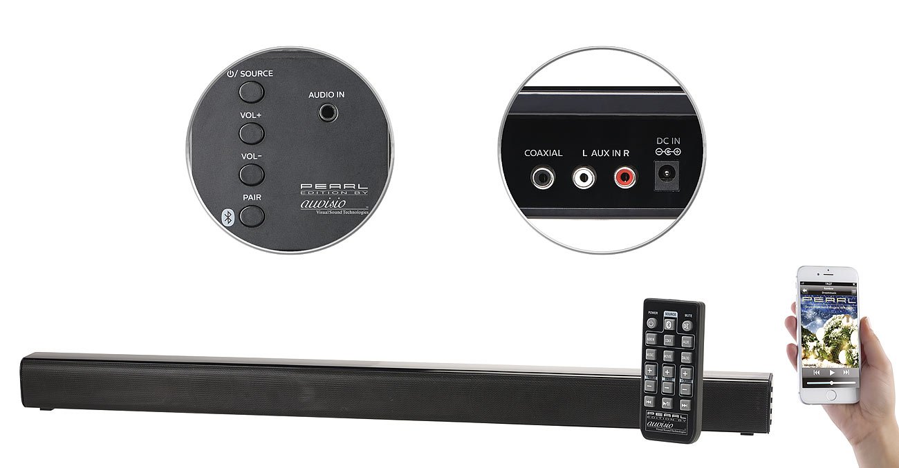 auvisio Soundbar Cinch Eingang: Stereo-Soundbar, Bluetooth 4.0, Koaxial, Stereo-Cinch & AUX, 60 Watt (Soundbar mit Cinch Anschluss, Soundbar kabellos, Aktive Lautsprecher)