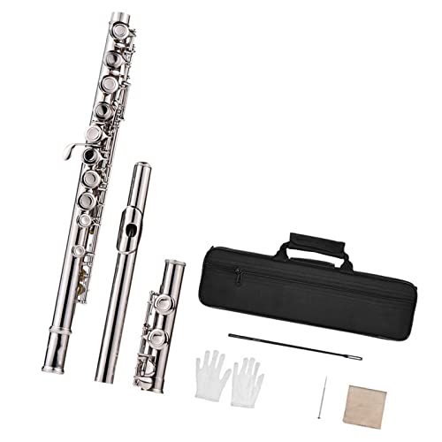 PECY Flöte, Vernickelt, 16 Löcher, C-Taste, Cupronickel-Holzblasinstrument Mit Reinigungstuch-Handschuhtasche Querflöten