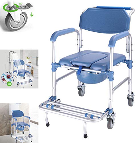 BYYD 4-in-1-Toilettenstuhl/Toilettenrollstuhl mit Rädern/Duschrollstuhl/Transportstuhl mit 4 Radbremsen (360 °) / Klappbare Mobile Toilette für ältere Menschen mit Behinderungen