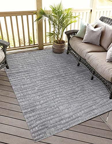 carpet city In-& Outdoor Teppich - 140x200 cm - für Innen-& Außenbereich - Wetterfest Balkon-Teppich, Terrasse, Flur, Küche - Wohnzimmer-Teppiche - Hochtief/ 3D-Effekt - Streifen-Muster in Anthrazit