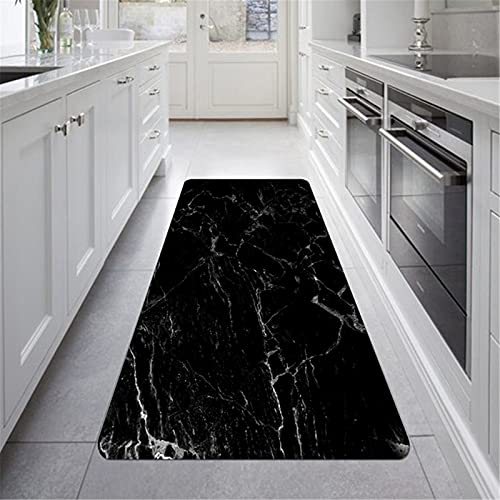 Läufer Teppich Flur rutschfest Waschbar Flanell Lange Pflegeleicht Teppich für Küche Schlafzimmer Wohnzimmer,Elegant Marmor Muster Weiß Schwarz Teppich (Farbe 4,80×120 cm)