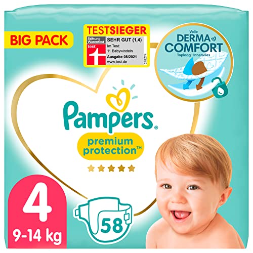 Pampers Baby Windeln Größe 4 (9-14kg) Premium Protection, Maxi, BIG PACK, bester Komfort und Schutz für empfindliche Haut, 58 Stück