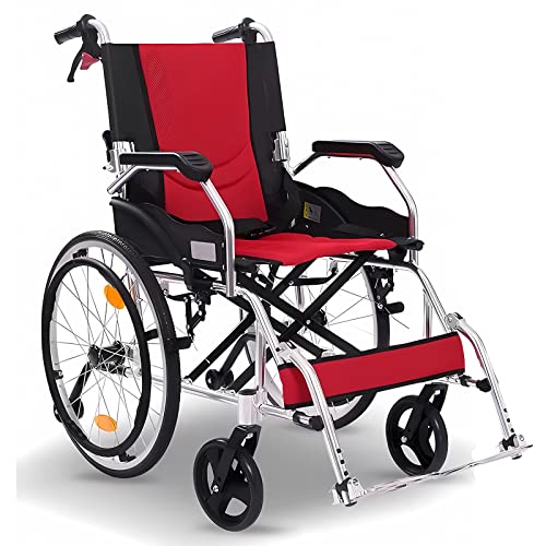 Ultraleichter Rollstuhl Faltbar Leicht Reiserollstuhl, Rollstühle mit Selbstantrieb, Trommelbremse, Einstellbares Fußstützen, Belastbarkeit 125 kg, Sitzbreite 45 cm,Rot