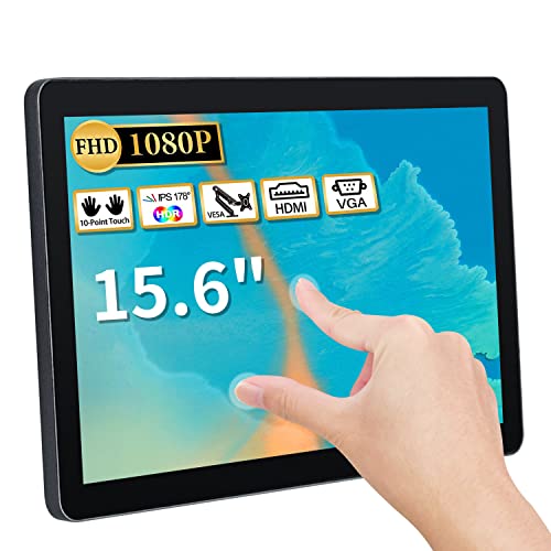 TouchWo 15.6 Zoll tragbarer Touchscreen Monitor, FHD 1920 x 1080P externer Monitor für Laptop, mit eingebauten Lautsprechern, VGA & HDMI Monitor für POS, CCTV, Restaurant