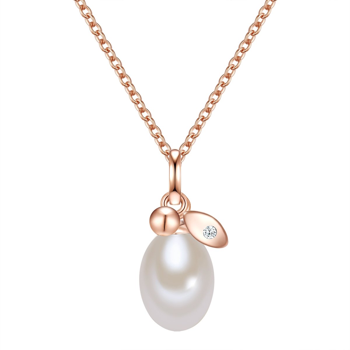 Valero Pearls Damen-Kette mit Anhänger Sterling Silber rosévergoldet mit Süßwasser-Zuchtperle und Zirkonia weiß 42 cm + 5 cm Verlängerung - Perlenkette mit Perlenanhänger