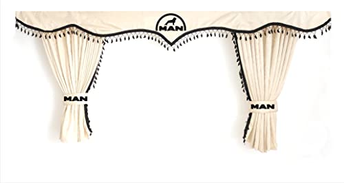 Vorhänge für Schlafzimmer, mit schwarzen Pompons und Haken, mit Man-Logo, Beige