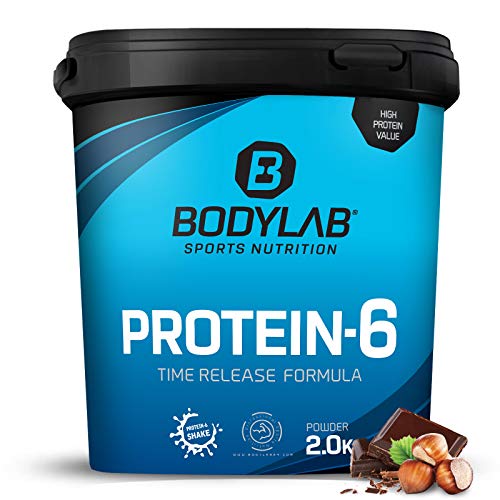 Bodylab24 Protein-6 2kg | Mehrkomponenten Protein-Pulver, Eiweißpulver aus 6 hochwertigen Eiweiß-Quellen | Protein-Shake für Muskelaufbau | Schokolade-Haselnuss
