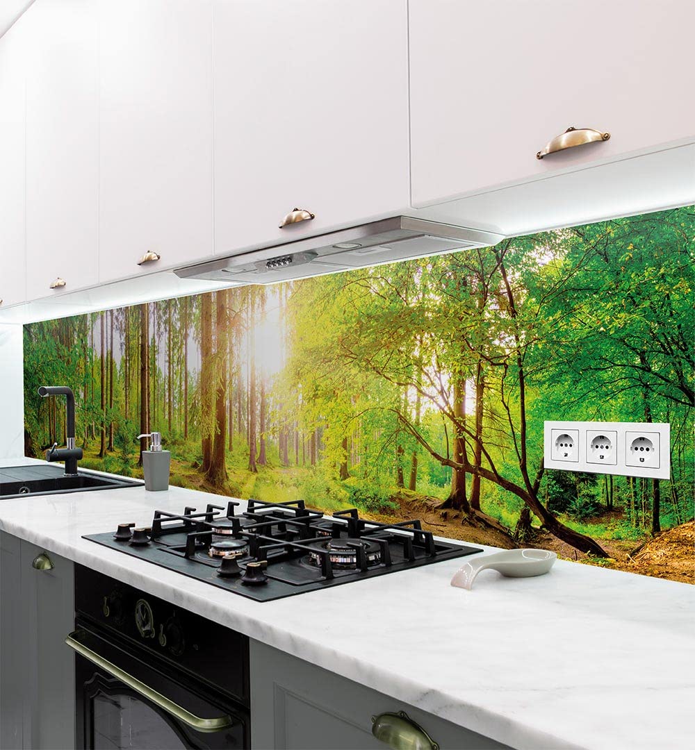 MyMaxxi - Selbstklebende Küchenrückwand Folie ohne Bohren - Aufkleber Motiv Wald - 60cm hoch - Klebefolie Wandbild Küche - Wand-Deko – Bäume Lichtung Tannen 220 x 60 cm