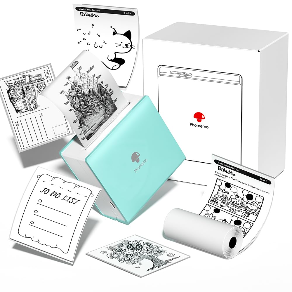 Phomemo M02 Taschendrucker Mini Bluetooth Thermodrucker Tragbarer Fotodrucker mit wiederaufladbarem Akku und USB-Kabel, kompatibel mit Android & IOS, für Journal, Studie, DIY-Malerei, Grün