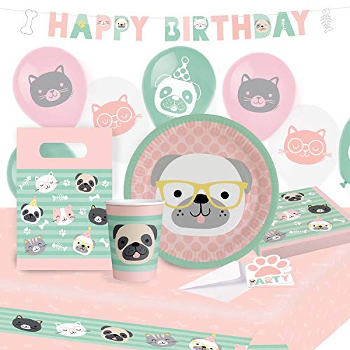 Amscan 9907565 - Partyset Hallo Tiere mit: 8 Teller 23 cm, 8 Becher 250 ml, 20 Servietten 33 x 33 cm, Papier-Tischdecke 115 x 175 cm, Girlande 180 cm, 8 Beutel, 8 Einladungsets, 6 Latexballons 22,8 cm